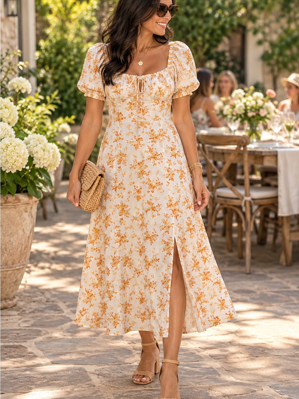 SHEIN Cream Midi Dress with Floral Print